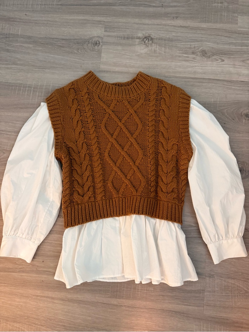 Cable Knit Cropped Vest Over Puff Sleeve Blouse — Mustard & White